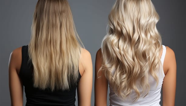 Woman before and after hair extensions on white background. Hair extension, beauty, tress, hair growth, styling, salon concept. Length and volume. Beauty hair treatment concept hair salon