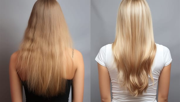Young blonde woman before and after visiting beauty salon with hair coloring and hair cut. Hair salon. Sick, cut healthy hair care keratin woman. Before and after treatment. isolated light background. beauty