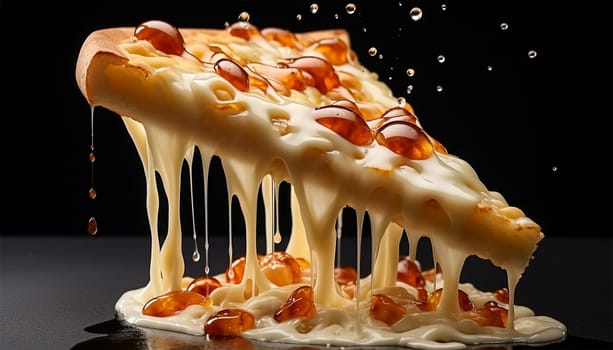 Pizza slice with melted cheese dripping. Large Pepperoni and Mozzarella Pizza on black table, top view, copy space. Delicious fresh baked pizza. Space for text