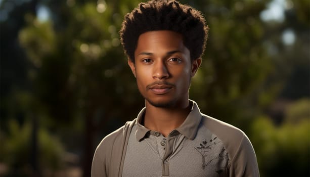 Happy young African American man portrait in a green park in the spring. Satisfied black man breathing fresh air with eyes closed standing in the park outdoors. Copy space