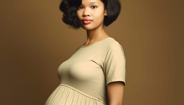 Pregnant Asian woman concept. Maternity photography. Beautiful natural woman holding her pregnant belly happy portrait