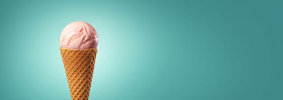 Ice cream cones in summer sky on a tropical beach. delicious ice cream. Lolli ice, cones with different topping, fruit, chocolate and vanilla ice-cream on blue sky background Copy space Holiday concept Space for text