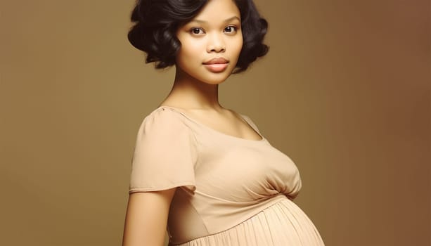 Pregnant Asian woman concept. Maternity photography. Beautiful natural woman holding her pregnant belly happy portrait