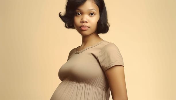Pregnant Asian woman concept. Maternity photography. Beautiful natural woman holding her pregnant belly happy portrait