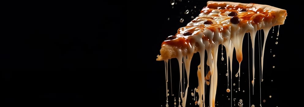 Pizza slice with melted cheese dripping. Large Pepperoni and Mozzarella Pizza on black table, top view, copy space. Delicious fresh baked pizza. Space for text