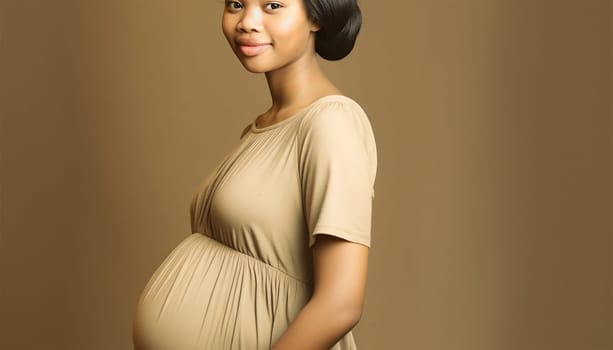 African American pregnant woman. Beautiful pregnant black woman hugging her tummy, enjoying her pregnancy, free space. Side view of African American expecting lady standing next to window at home, touching her big belly beauty shot