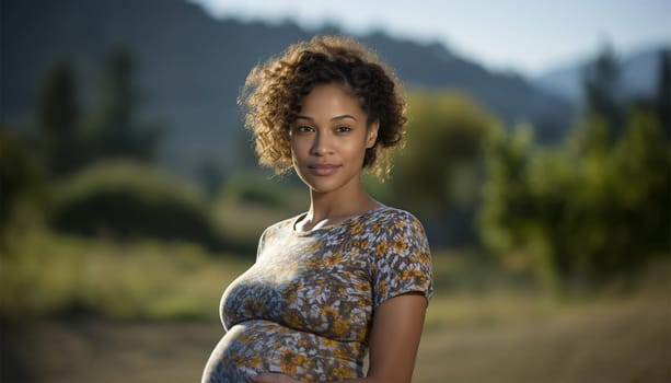 African American pregnant woman. Beautiful pregnant black woman hugging her tummy, enjoying her pregnancy, free space. Side view of African American expecting lady standing next to window at home, touching her big belly beauty shot