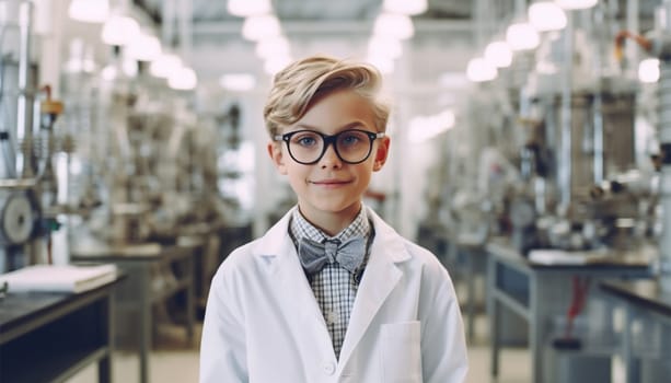 Cute science boy in lab learning. Student scientist. smart kid laboratory experiment. Cute child doing experiments in laboratory education concept