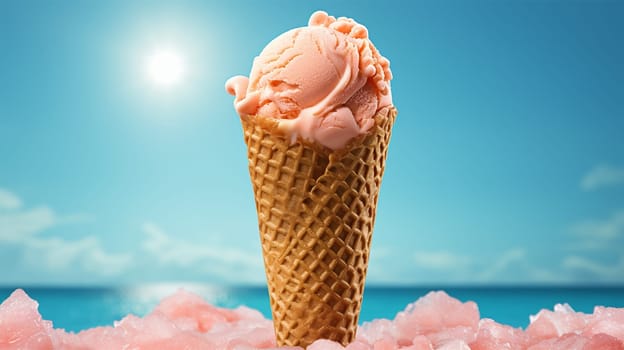 Ice cream cones in summer sky on a tropical beach. delicious ice cream. Lolli ice, cones with different topping, fruit, chocolate and vanilla ice-cream on blue sky background Copy space Holiday concept Space for text