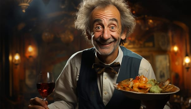 Funny old waiter standing in restaurant. Grey haired waiter man wearing uniform and holding stray with food and drinks. Fun design for caf business concept. service