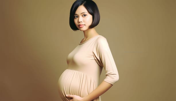 Pregnant Asian woman concept. Maternity photography. Beautiful natural woman holding her pregnant belly happy portrait