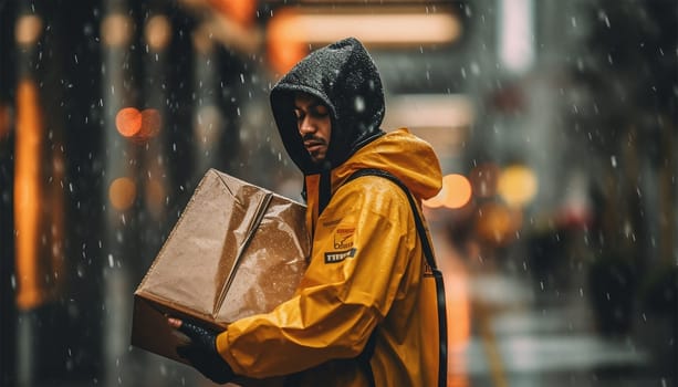 Delivery service concept. Man courier, contrary to weather conditions, delivers package to customer. character in raincoat, special backpack guided by map in phone goes to destination. Delivery boy in the rain with package in the city