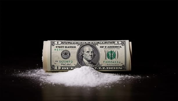 Cocaine with rolled up money. Cocaine drug addiction. Pile of cocaine and one hundred dollars banknote on black background closeup . White powder drugs with dollar. Concept for drug addiction Space for text