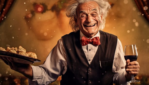 Funny old waiter standing in restaurant. Grey haired waiter man wearing uniform and holding stray with food and drinks. Fun design for caf business concept. service