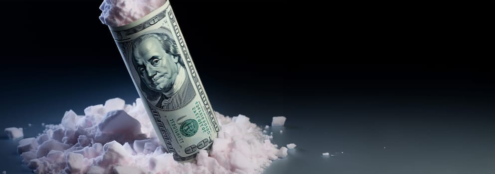Cocaine with rolled up money. Cocaine drug addiction. Pile of cocaine and one hundred dollars banknote on black background closeup . White powder drugs with dollar. Concept for drug addiction Space for text