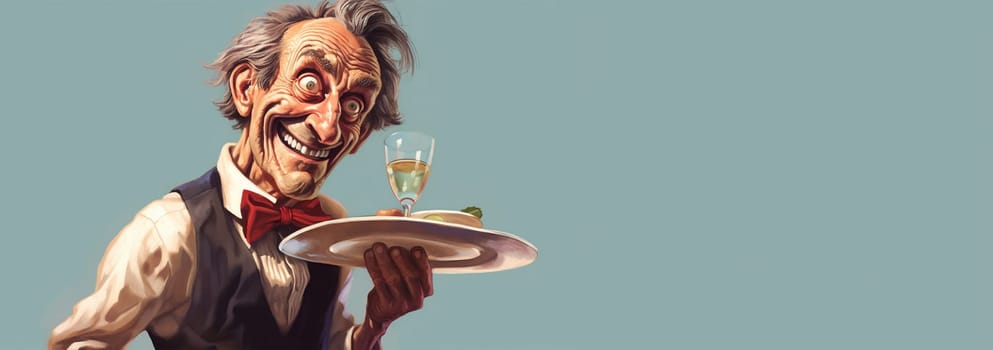 Funny old waiter standing in restaurant. Grey haired waiter man wearing uniform and holding stray with food and drinks. Fun design for caf business concept. service