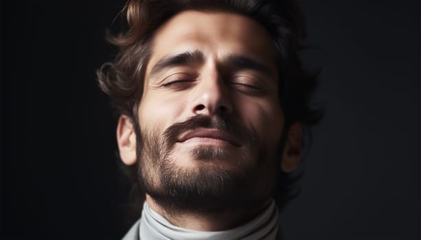 Portrait of a handsome man breathes air and embraced life. Attractive man breathing dark black background. Happy young male enjoying the world. Meditation relaxed taking deep breath of fresh air portrait