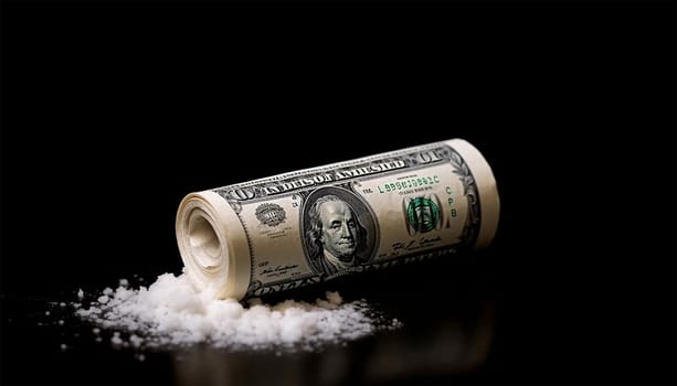 Cocaine with rolled up money. Cocaine drug addiction. Pile of cocaine and one hundred dollars banknote on black background closeup . White powder drugs with dollar. Concept for drug addiction Space for text