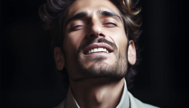 Portrait of a handsome man breathes air and embraced life. Attractive man breathing dark black background. Happy young male enjoying the world. Meditation relaxed taking deep breath of fresh air portrait