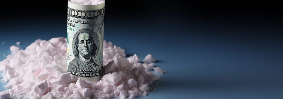 Cocaine with rolled up money. Cocaine drug addiction. Pile of cocaine and one hundred dollars banknote on black background closeup . White powder drugs with dollar. Concept for drug addiction Space for text