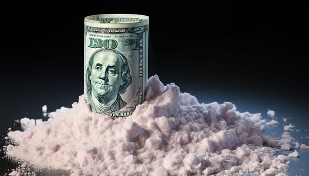 Cocaine with rolled up money. Cocaine drug addiction. Pile of cocaine and one hundred dollars banknote on black background closeup . White powder drugs with dollar. Concept for drug addiction Space for text