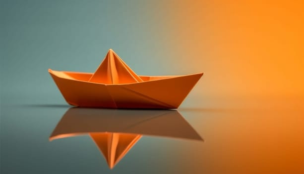 Creative image of white origami ships placed behind blue and orange paper ship representing concept of leadership on light background Copy space. Business concept design. Space for text