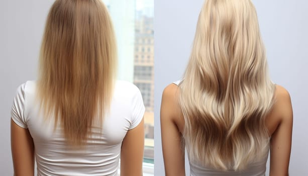 Woman before and after hair extensions on white background. Hair extension, beauty, tress, hair growth, styling, salon concept. Length and volume. Beauty hair treatment concept hair salon