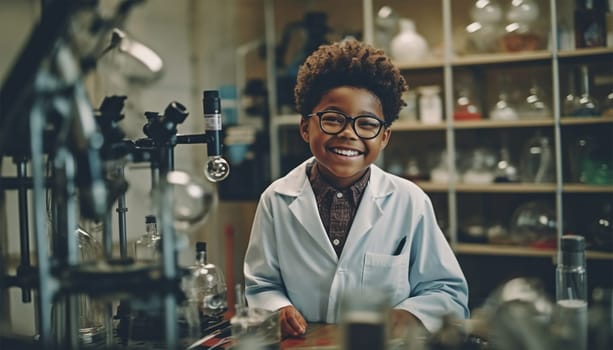 Cute science boy in lab learning. Student scientist. smart kid laboratory experiment. Cute child doing experiments in laboratory education concept
