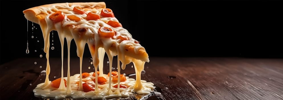 Pizza slice with melted cheese dripping. Large Pepperoni and Mozzarella Pizza on black table, top view, copy space. Delicious fresh baked pizza. Space for text