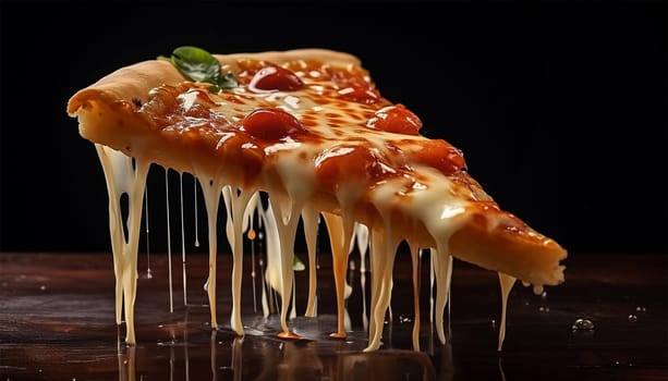 Pizza slice with melted cheese dripping. Large Pepperoni and Mozzarella Pizza on black table, top view, copy space. Delicious fresh baked pizza. Space for text