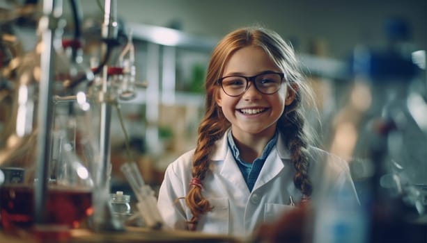 Science girl learning in the lab. Medical Science Laboratory Portrait of Beautiful cute Scientist Does Analysis of Test Sample. Ambitious Young Biotechnology Specialist, working with Advanced Equipment education concept