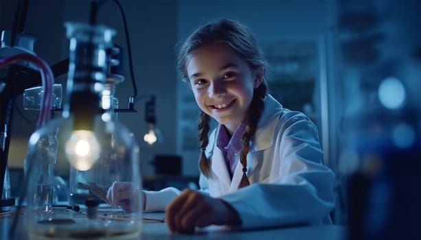 Science girl learning in the lab. Medical Science Laboratory Portrait of Beautiful cute Scientist Does Analysis of Test Sample. Ambitious Young Biotechnology Specialist, working with Advanced Equipment education concept