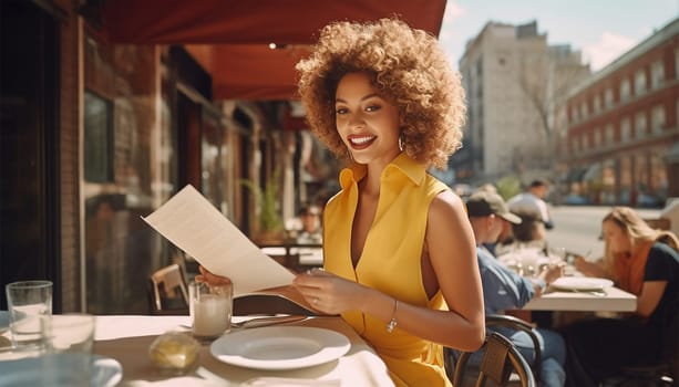 Happy smiling African American female sitting at table of summer area of modern city cafeteria while checking the menu, Wearing a spring yellow dress. Summer vacation, Holiday concept Cheerful