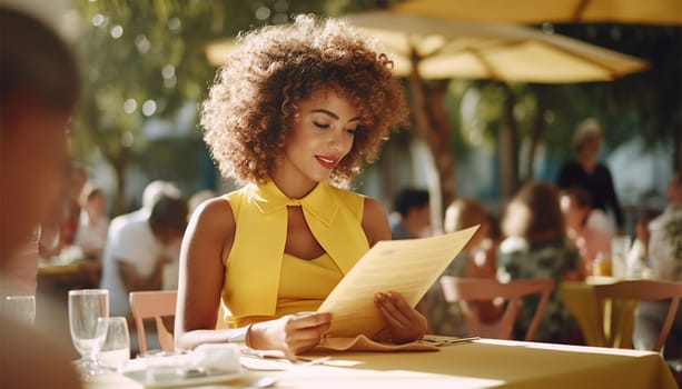 Happy smiling African American female sitting at table of summer area of modern city cafeteria while checking the menu, Wearing a spring yellow dress. Summer vacation, Holiday concept Cheerful
