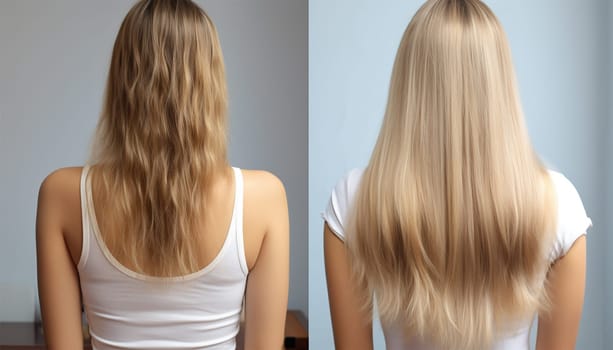 Woman before and after hair extensions on white background. Hair extension, beauty, tress, hair growth, styling, salon concept. Length and volume. Beauty hair treatment concept hair salon