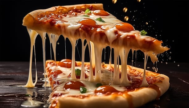 Pizza slice with melted cheese dripping. Large Pepperoni and Mozzarella Pizza on black table, top view, copy space. Delicious fresh baked pizza. Space for text