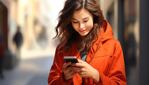 Girl university student user holding cell phone using mobile applications tech on smartphone looking at cellphone, chatting, texting, checking social media, educational apps standing outside campus. happy