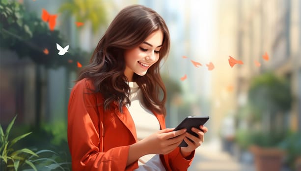 Girl university student user holding cell phone using mobile applications tech on smartphone looking at cellphone, chatting, texting, checking social media, educational apps standing outside campus. happy