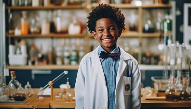 Cute science boy in lab learning. Student scientist. smart kid laboratory experiment. Cute child doing experiments in laboratory education concept
