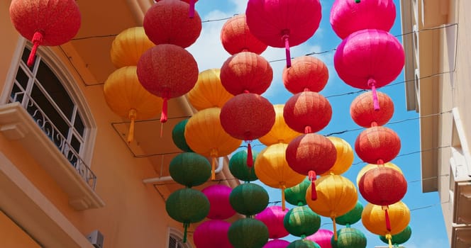 Colorful chinese style lantern hanging outdoor under clear blue sky for Lunar new year