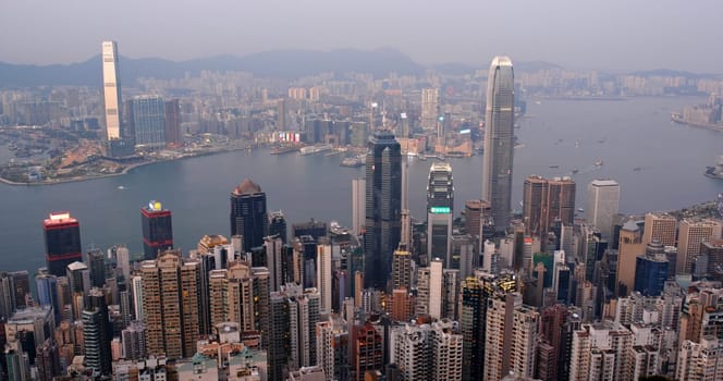 The Peak, Hong Kong 06 October 2019: Hong Kong city landmark at sunset time