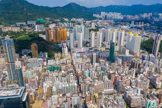 Sham Shui Po, Hong Kong 12 September 2019: Drone fly over Hong Kong downtown