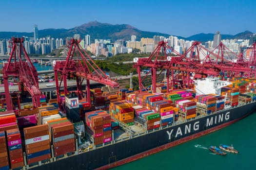 Kwai Tsing, Hong Kong 04 December 2019: Drone fly over Hong Kong cargo terminal