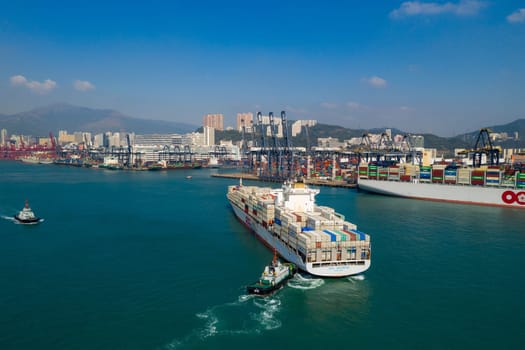 Kwai Tsing, Hong Kong 27 November 2019: Top view of cargo ship in container port