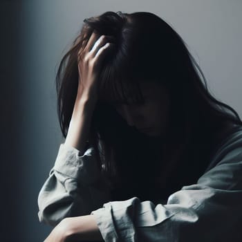 The girl is in the shadows, her face is hidden, the girl is stressed and depressed. Girl is wearing a loose, light-colored shirt and has one hand in his hair