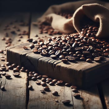 The image depicts coffee beans spilling out of a burlap sack onto a rustic wooden surface. The coffee beans are dark brown and glossy indicating they are freshly roasted