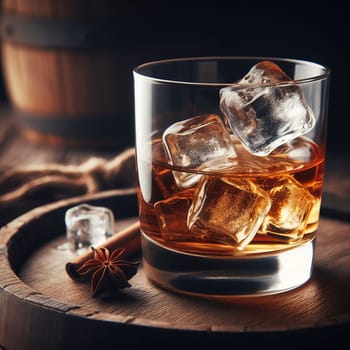 A glass of whiskey with ice on a wooden barrel, highlighted by warm lighting. Star anise adds a touch of elegance