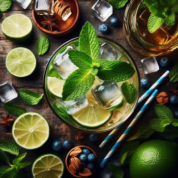 A refreshing mojito cocktail in a glass with fresh mint leaves, lime slices, and ice cubes on a rustic table with additional limes, blueberries, almonds, and honey dipper