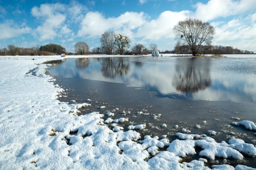 Snow and water on the meadow, trees on the horizon and white clouds on the blue sky