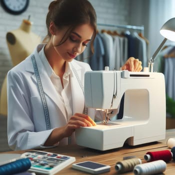 Tailor woman at work, sewing fabric with a machine in a well-lit workspace, surrounded by threads and tools